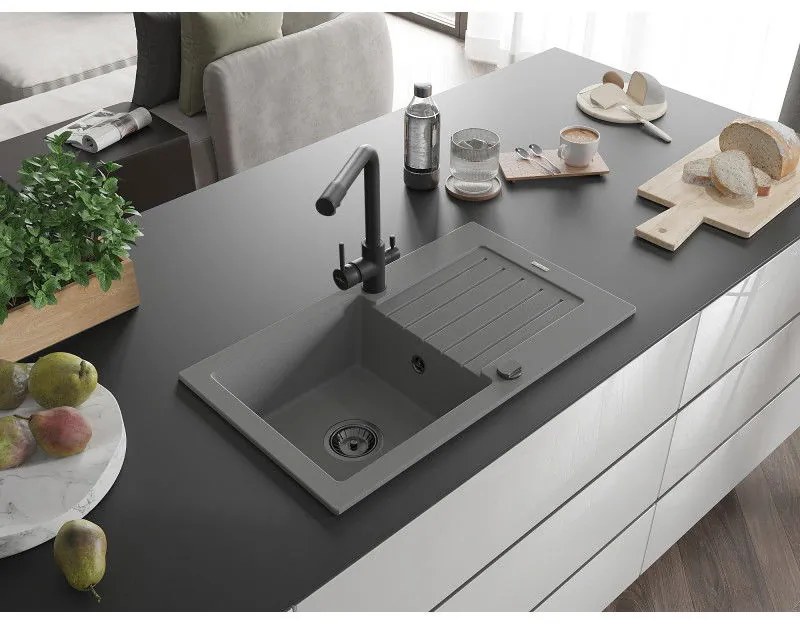 Mexen Pablo, granitový drez 752x436x161 mm, 1-komorový a šedá batéria Duero, šedá, 6510-71-671600-70-B