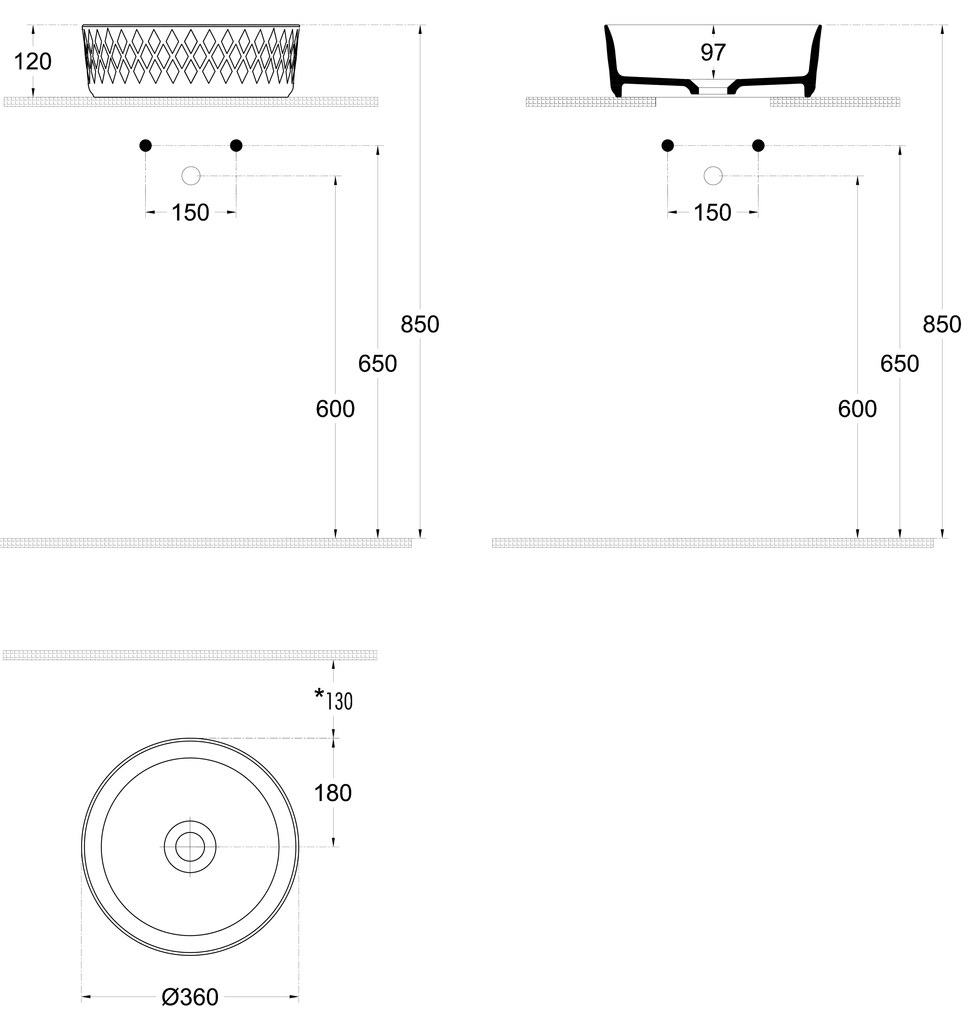 Isvea Isvea, ROMBO keramické umývadlo na dosku, priemer 36cm, biela, 10NF67036