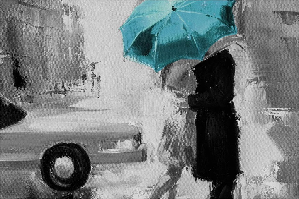 Obraz - Zamilovaný pár s dáždnikom, modrý (90x60 cm)