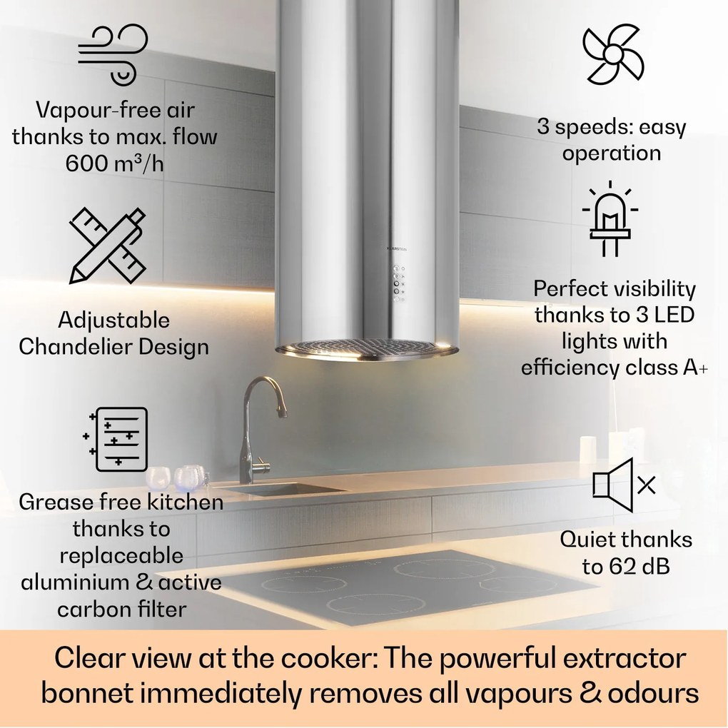 Klarstein Bolea, digestor, 38 cm, ostrovčekový, 600 m³/h, LED, filtre s aktívnym uhlím, nehrdzavejúca oceľ
