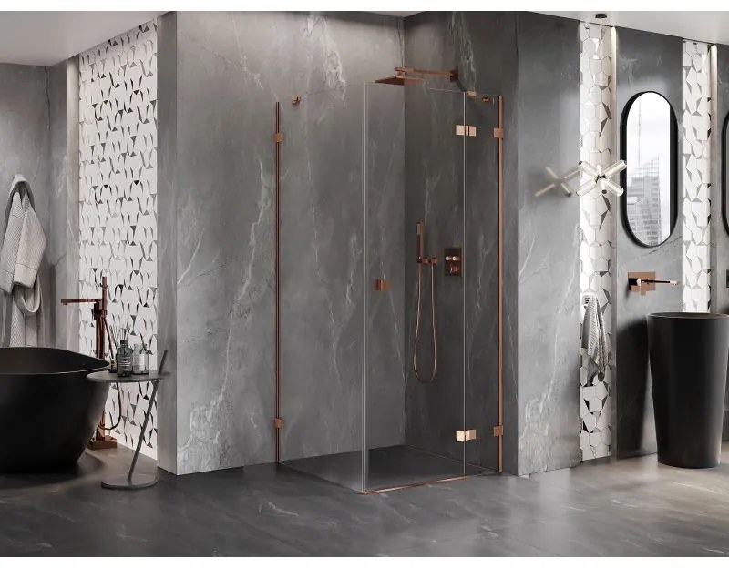 Mexen Lunar, 1-krídlový sprchový kút, pravý, 90 x 90 cm, 8mm číre sklo, ružové zlato profil, 834-090-090-60-00-P
