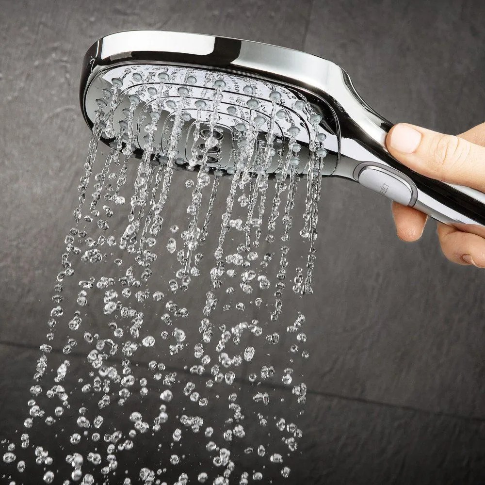 HANSGROHE Raindance Select E Showerpipe nástenný sprchový systém s termostatom ShowerTablet Select 300, horná sprcha 3jet 318 x 190 mm, ručná sprcha 3jet, chróm, 27127000
