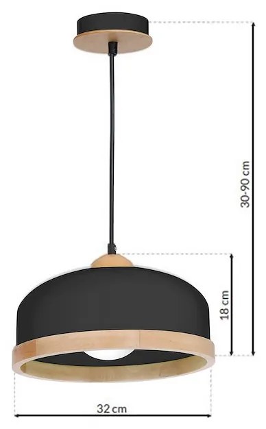 Závesné svietidlo Studio, 1x drevené/čierne kovové tienidlo, (fi 32cm), b/br