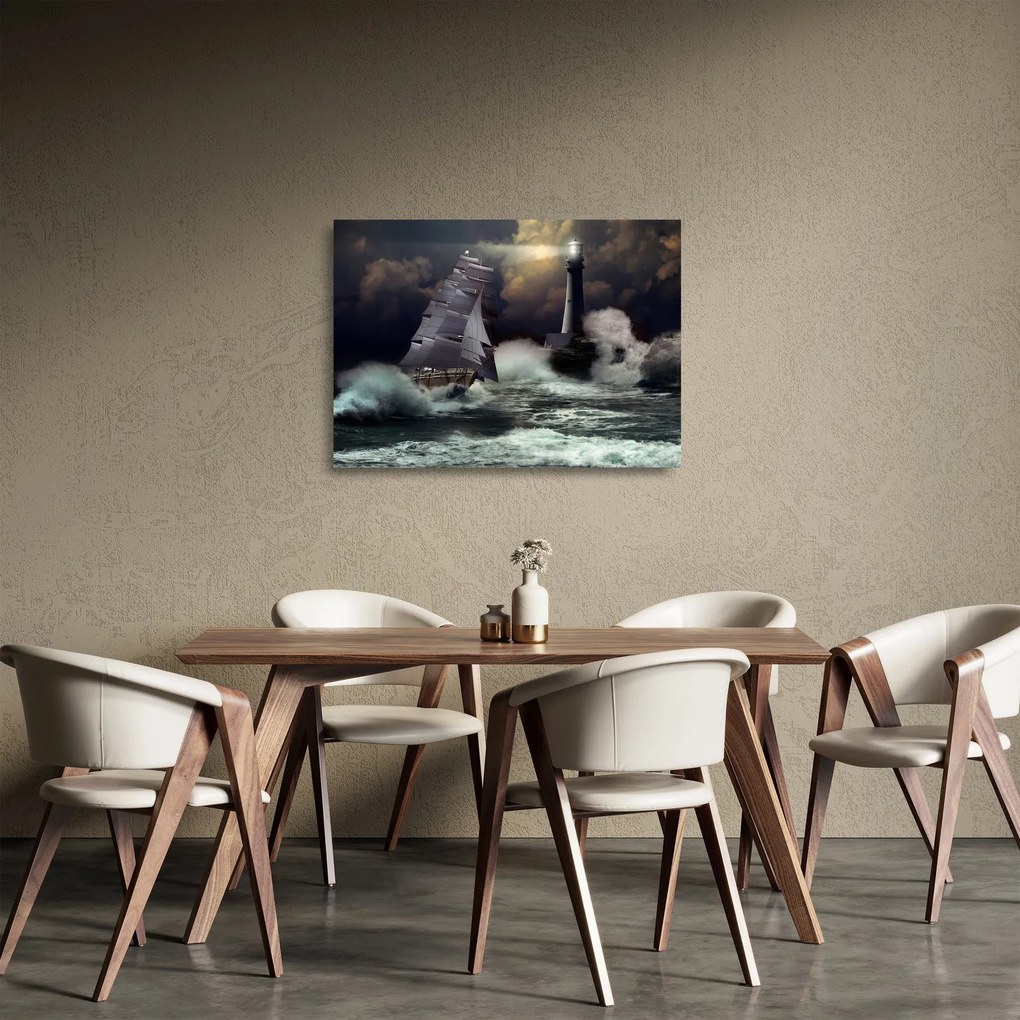 Sklenený obraz - Loď plávajúca cez búrlivé vlny (70x50 cm)