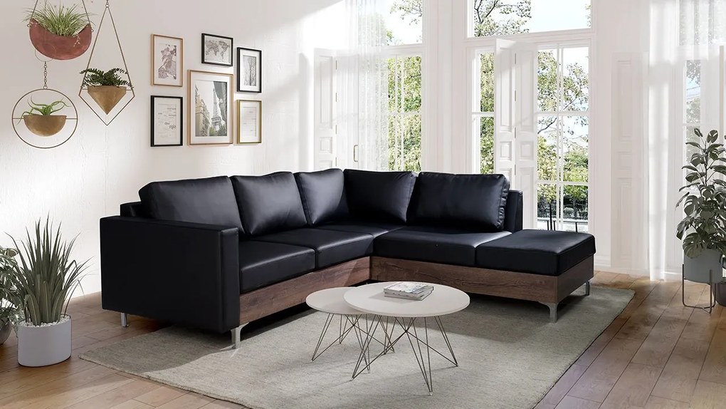Rohová pohovka Hermes Wood, Farby: ekokoža Soft 011 (čierna), Farby nožičiek: dub monastery, Strana: ľavá
