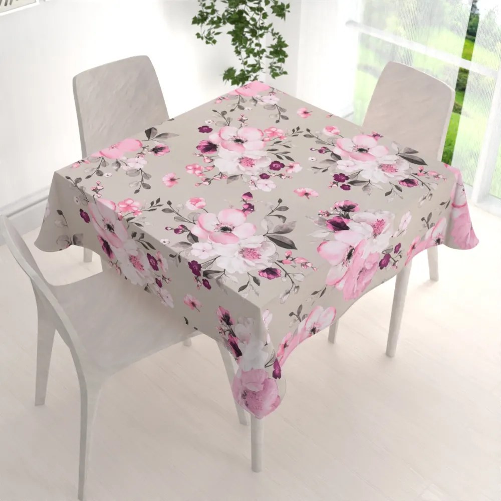 Biante Bavlnený štvorcový obrus Sandra SA-494 Veľké ružové kvety na svetlo sivobéžovom 80x80 cm