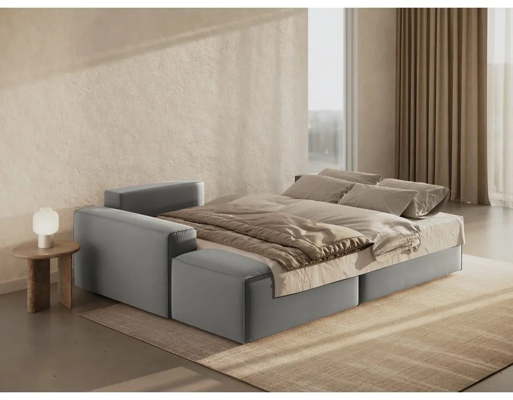 Svetlosivá zamatová rozkladacia/s úložným priestorom rohová pohovka (ľavý roh/s leňoškou) Jodie – Micadoni