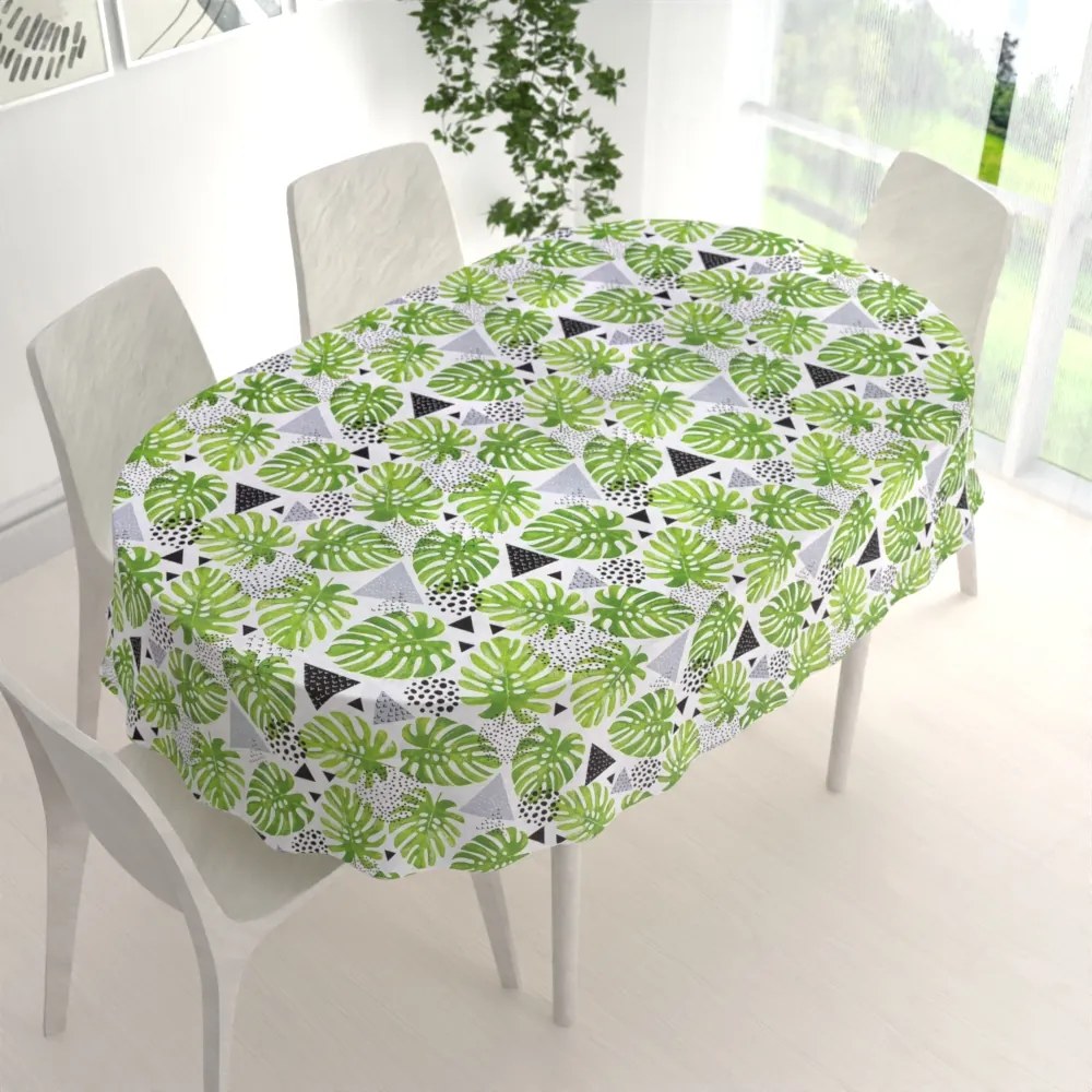 Biante Bavlnený oválny obrus Sandra SA-175 Zelené listy Monstera 100x140 cm