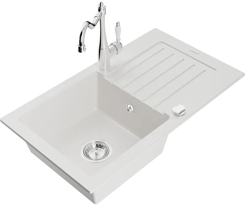 Mexen Pablo, granitový drez 752x436x161 mm, 1-komorový a drezová batéria Carla, biela, 6510-20-670700-00