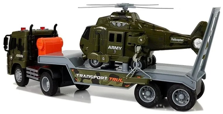 LEAN TOYS Odťahovacie vojenské vozidlo s prívesom a vrtuľníkom 1:16 + svetlo, zvuk
