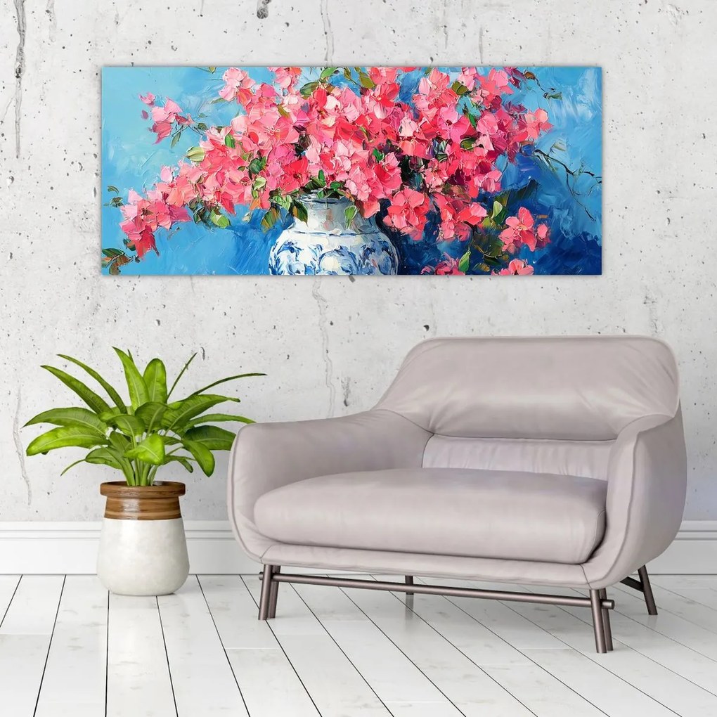 Obraz - Váza ružových kvetov (120x50 cm)