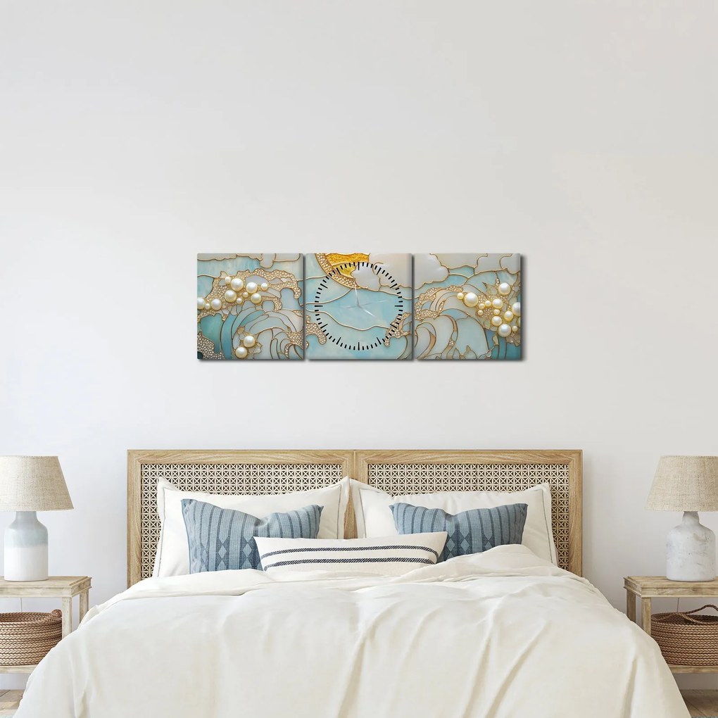 Obraz - 3D perly v oceáne (s hodinami) (90x30 cm)