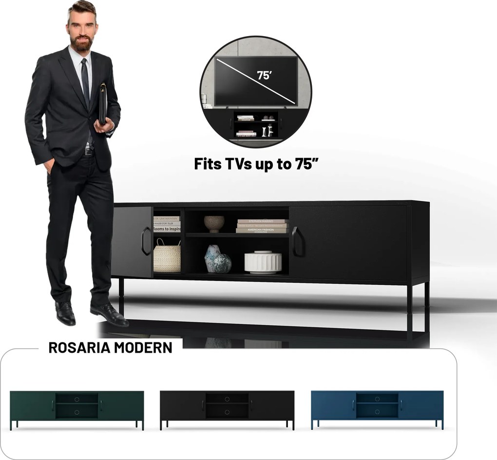Široká kovová TV skrinka XL na nožičkách, čierna, 1700x400x500 mm: ROSARIA