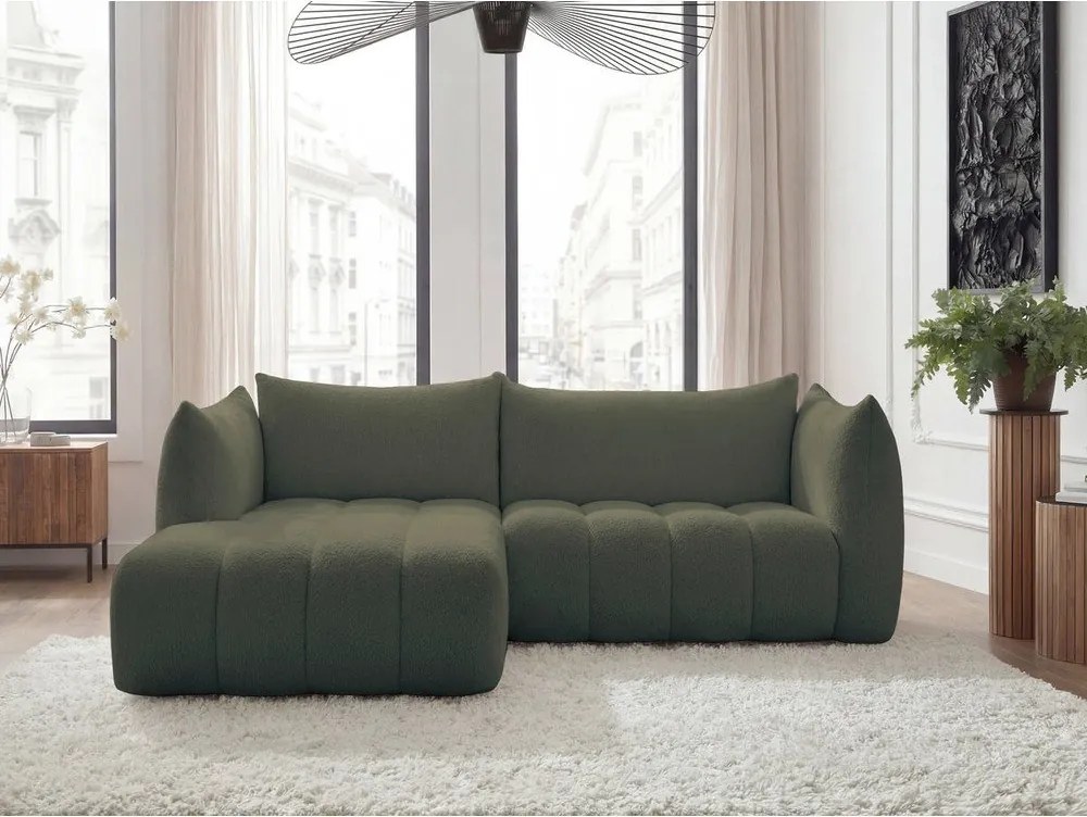 Zelená rohová pohovka z textílie buklé (ľavý roh/s leňoškou) Azra – Bobochic Paris