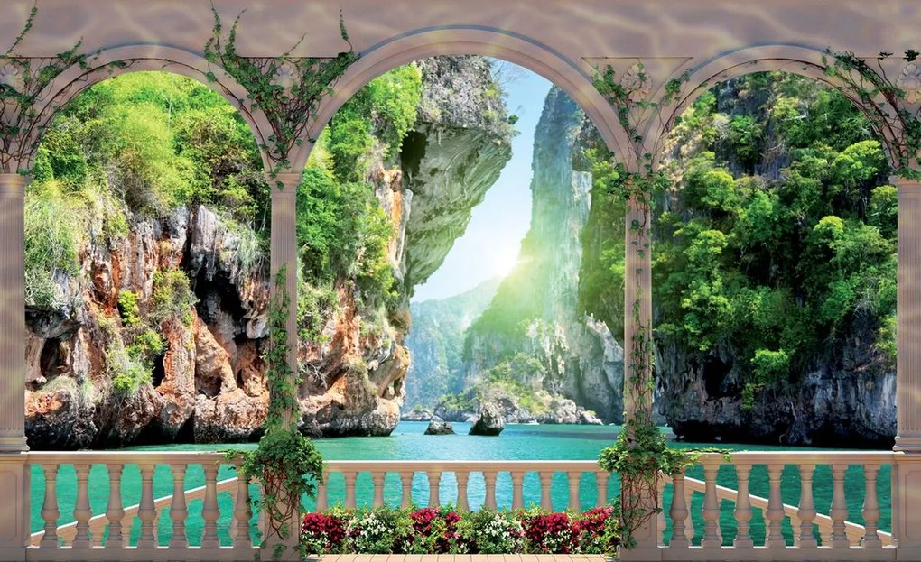 Fototapeta - Výhľad z terasy na skalný tunel (152,5x104 cm)