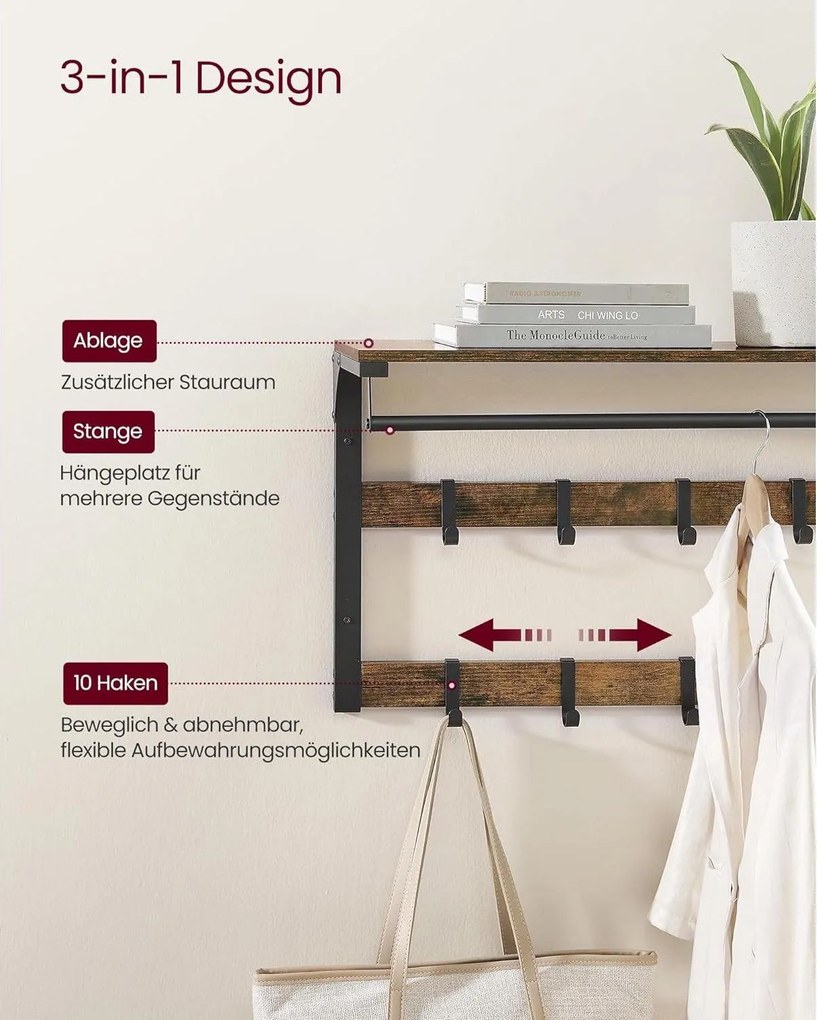 Nástenný vešiak na kabáty s policou a 10 háčikmi, rustikálny hnedý