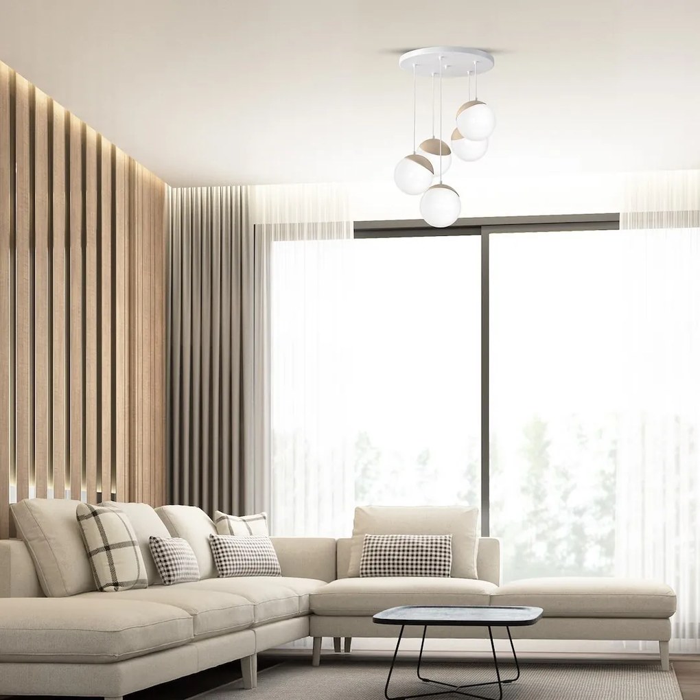 Závesné svietidlo Sfera, 5x biele sklenené tienidlo, w/drevo, o