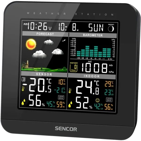 Sencor - Meteostanica s farebným LCD displejom a budíkom 3xAAA + 2x AA čierna
