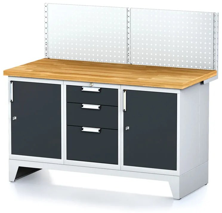Alfa 3 Dielenský stôl MECHANIC I, perforovaný panel, 2 skrinky a zásuvkový box na náradie, 3 zásuvky, 1500x685x880 mm, antracitové dvere