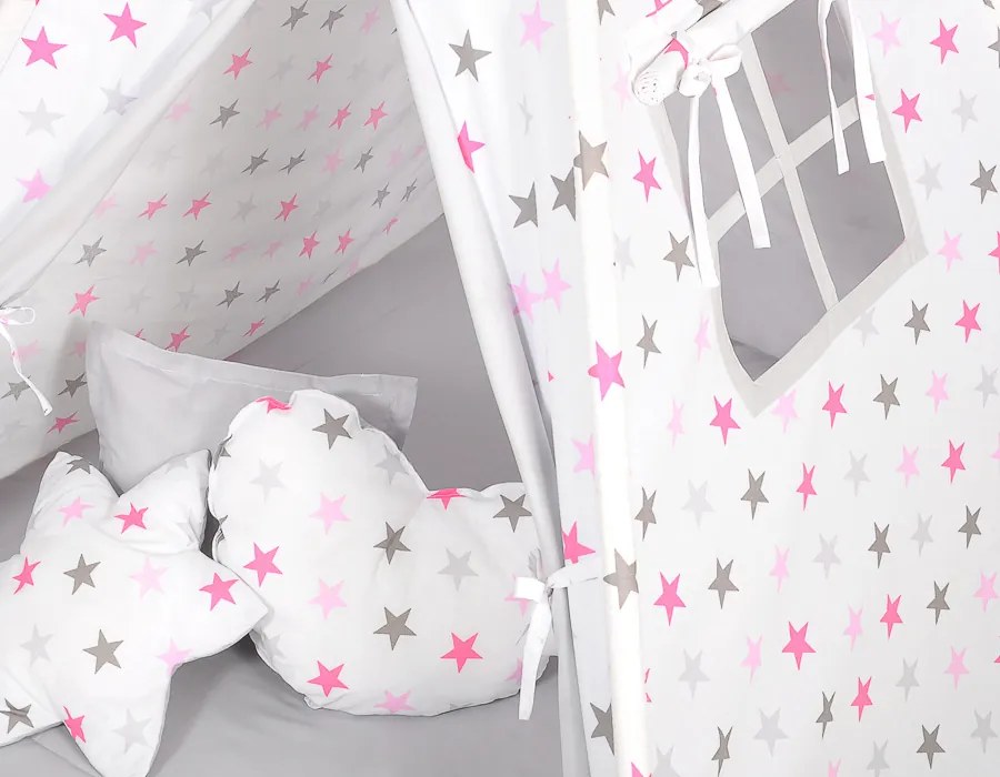 Bobono Stan Teepee pre deti + podložka na hranie + vankúše + ozdobné perie - Stars pink-grey/grey