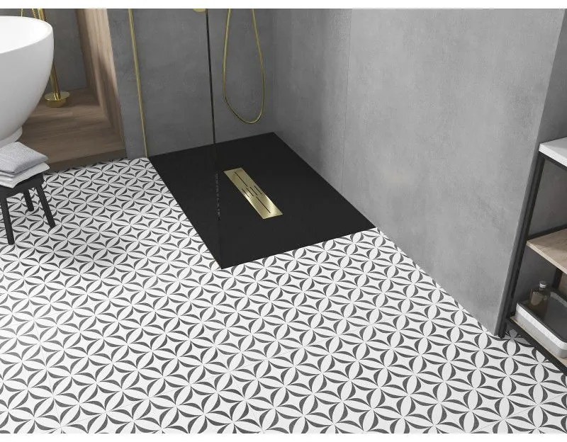 Mexen Toro, SMC obdĺžniková sprchová vanička 100 x 80 cm, čierna, zlatá krytka, 43708010-G