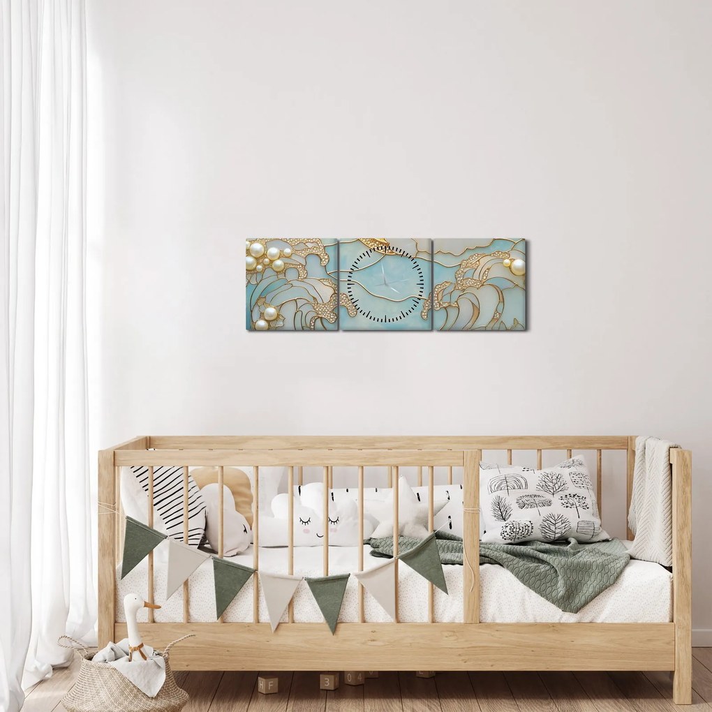 Obraz - 3D perly v oceáne (s hodinami) (90x30 cm)