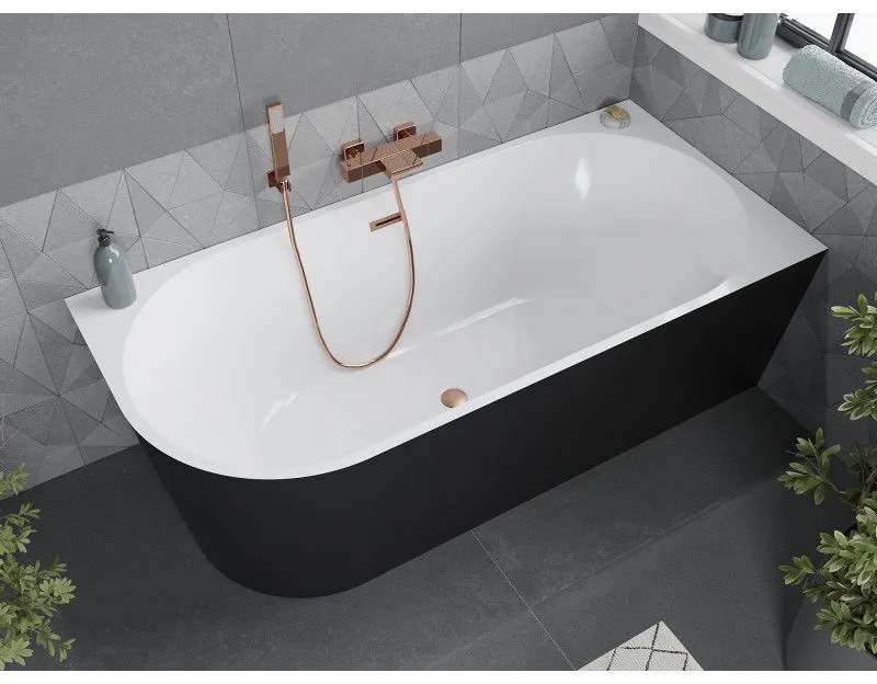 Mexen Mia, voľne stojaca rohová vaňa pravá 160 x 80 cm, biela/čierna, medený matný prepad, 52691608075P-65