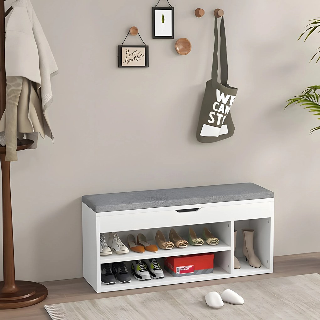 ModernHome Skrinka na topánky so sivým vankúšom - 3 biele police