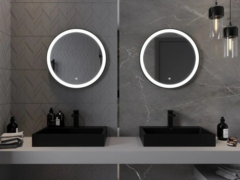 Mexen Esso, okrúhle LED podsvietené kúpeľňové zrkadlo 60 cm, 6000K, vykurovacia podložka proti zahmlievaniu, čierny rám, 9825-060-060-611-70