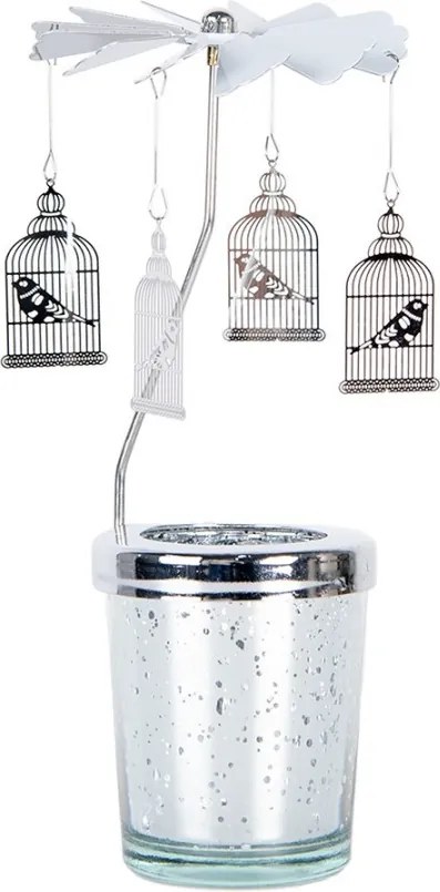 Strieborný točiaci svietnik na čajovku s vtáčikmi v klietke Ringi - Ø 8*17 cm