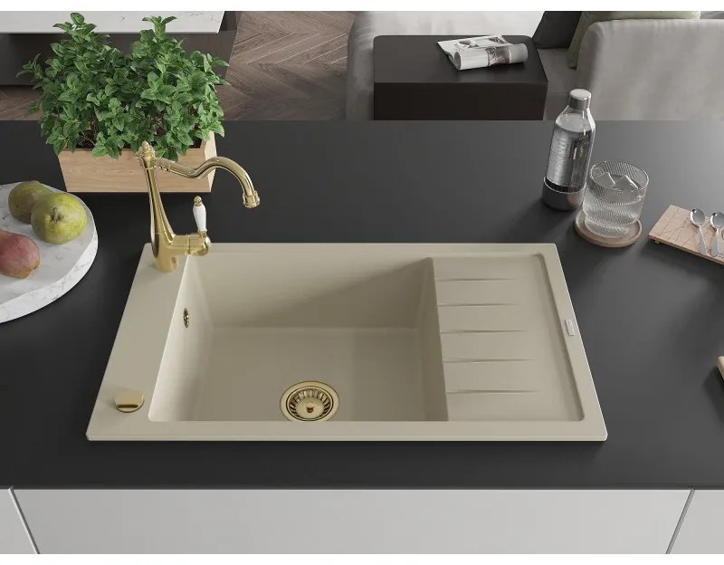 Mexen Elias, granitový drez 795x480x200 mm, 1-komorový a drezová batéria Carla, béžová, 6511-69-670700-50