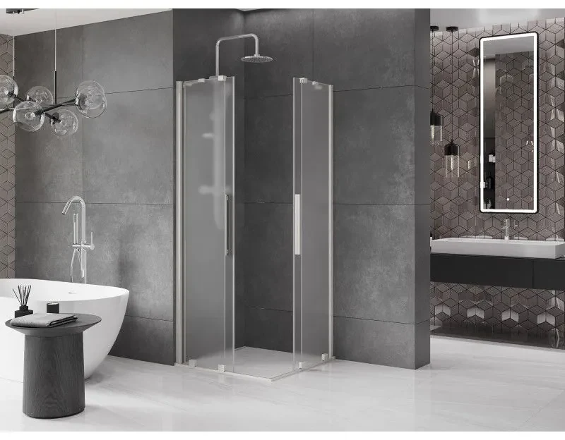 Mexen Velar Duo, sprchový kút s posuvnými dverami 80 x 80 cm, 8mm sklo námraza, brúsená oceľ, 871-080-080-32-97