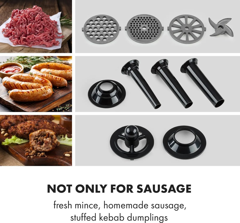 Klarstein Kraftprotz, elektrický mlynček na mäso, 700 W, medený motor, nehrdzavejúca oceľ, čierny