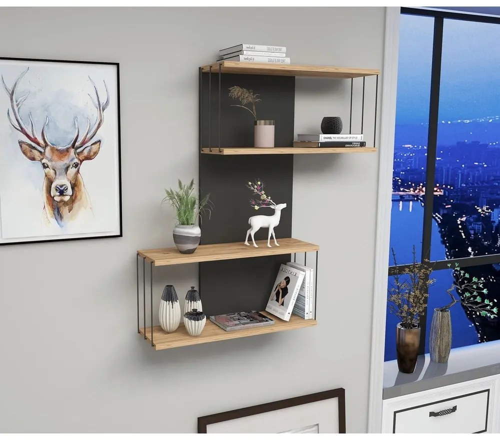Poschodová polica v dekore borovice v antracitovej a prírodnej farbe 65 cm Destan – Kalune Design