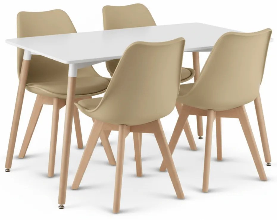 Jedálenský set 1 + 4, biely stôl ADRIA 120x80 cm + béžová stolička BALI MARK s bukovými nohami