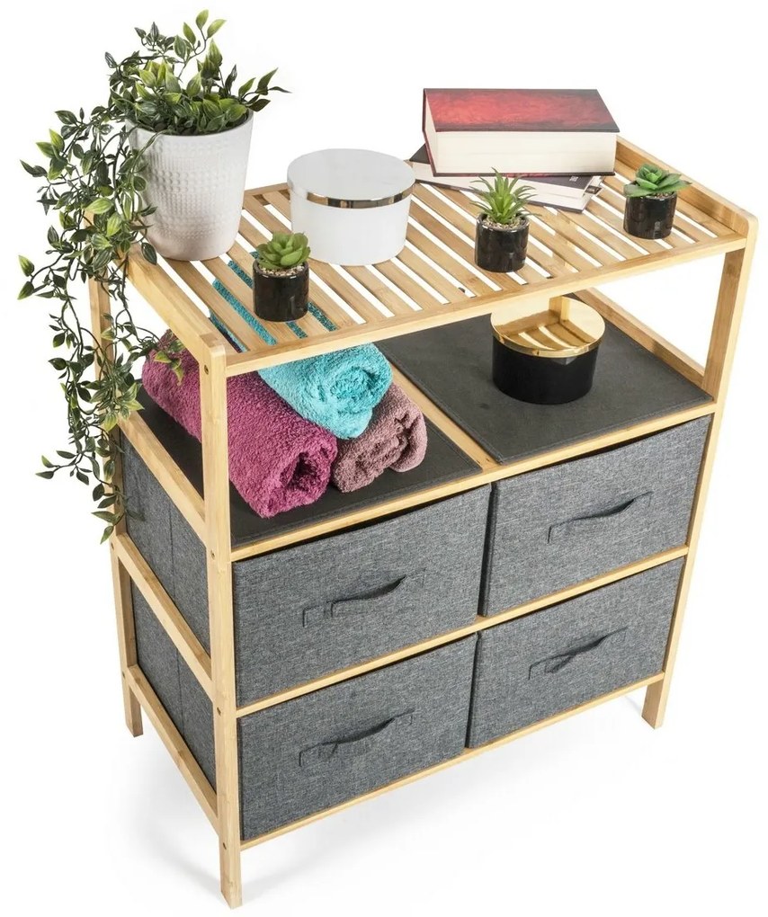 G21 Bambusový regál s košíkmi, 3 police, sivá, 3 poschodia