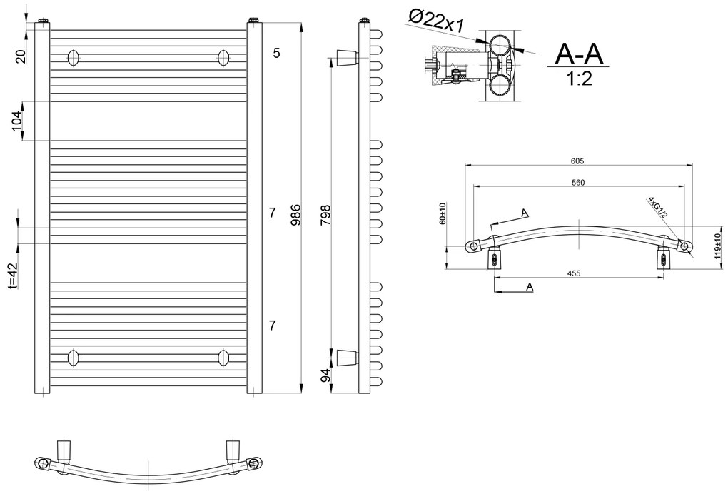 Aqualine, ORBIT Vykurovacie teleso 600x986 mm, 547 W, biela, ILO96E