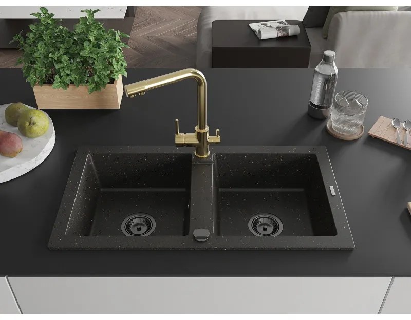 Mexen Mario, 2-komorový granitový drez 820x436x161 mm a zlatá drezová batéria Duero, čierna-zlatá metalíza, 6504-75-671600-50-B