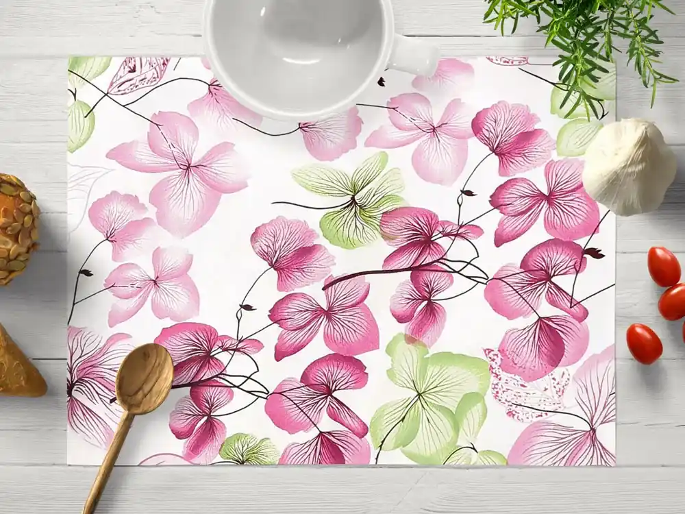 Biante Bavlnené prestieranie na stôl Sandra SA-366 Ružovo-zelené kvety na  bielom 35x45 cm | BIANO