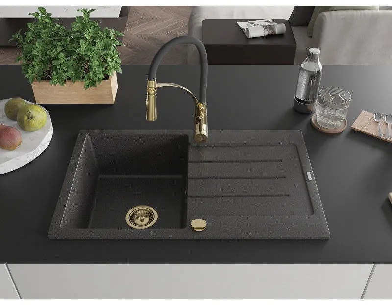 Mexen Bruno, 1-komorový granitový drez 795x495x200 mm a drezová batéria Aster, čierna škvrnitá, 6513-76-73450-57-G