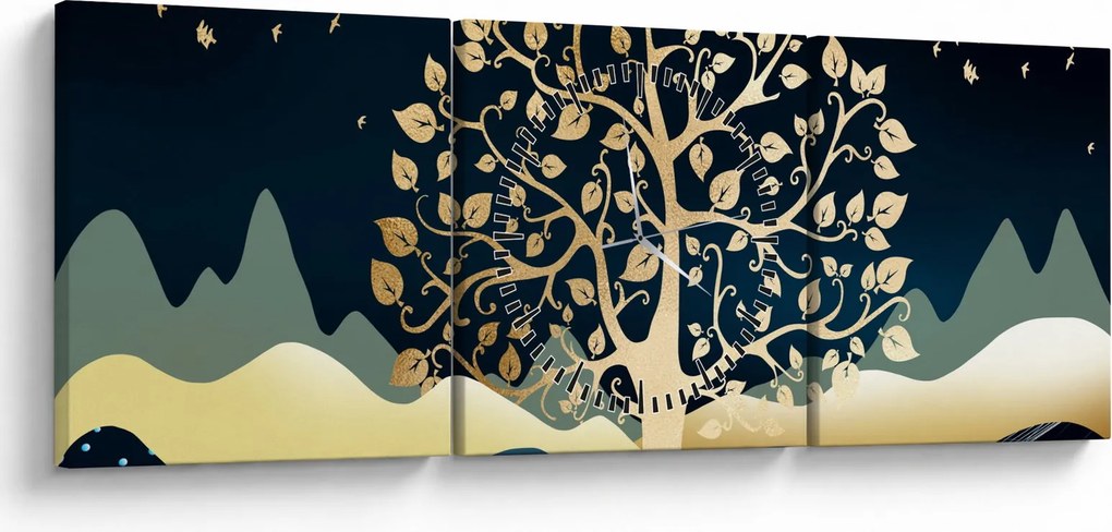 Obraz zlatého stromu (s hodinami) (90x30 cm)