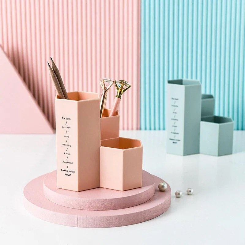 Plastový stojan na perá s 3 priehradkami - šesťuholník zelený Zelená HIPS Plast