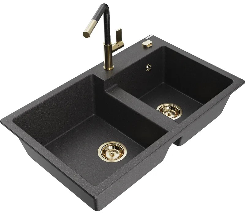 Mexen Tomas, 2-komorový granitový drez 800x500x190 mm a drezová batéria Flora, čierna škvrnitá, 6516-76-670401-75-G