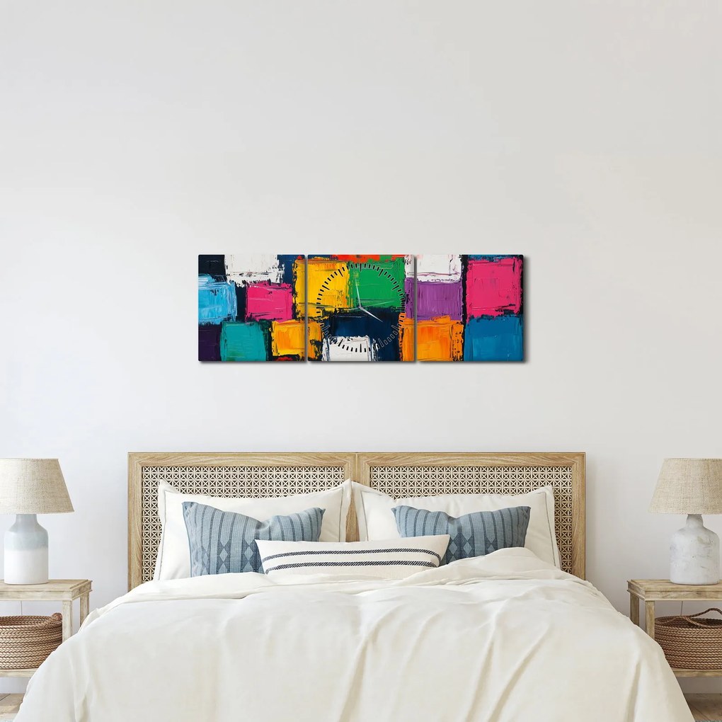 Obraz - Maľba farebných štvorcov (s hodinami) (90x30 cm)