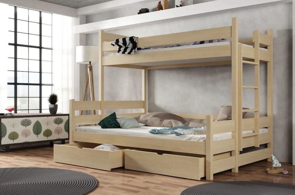 Detská poschodová posteľ z masívu borovice s rozšíreným spodným lôžkom BERTA so šuplíkmi - 200x90/140 cm - PRÍRODNÁ BOROVICA