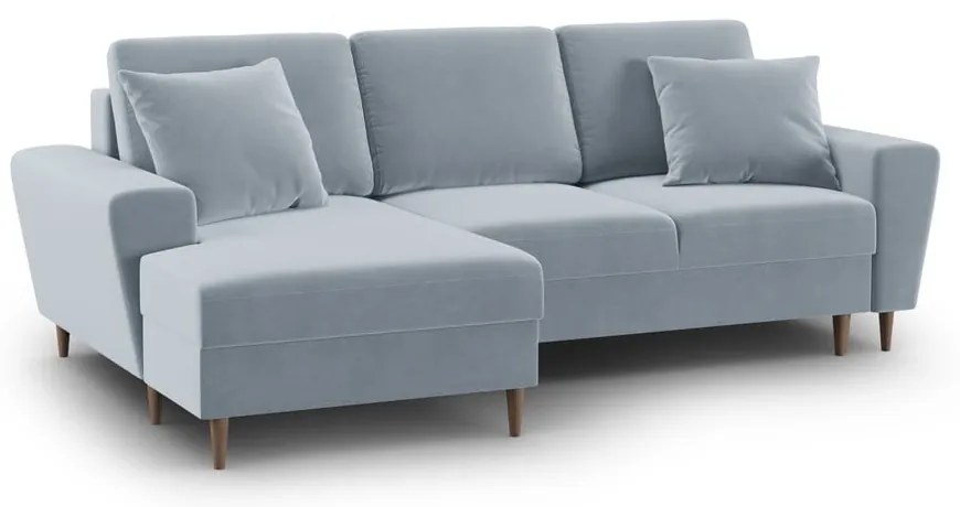Svetlomodrá zamatová rozkladacia/s úložným priestorom rohová pohovka (ľavý roh/s leňoškou) Kyoto – Cosmopolitan Design