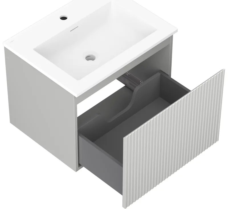 Mexen Rivel, kúpeľňová skrinka 60 cm s umývadlom Otis, 1 zásuvka, drážkovaná, sivá matná/biela, 91A20-06047-1-BF62-W18M01