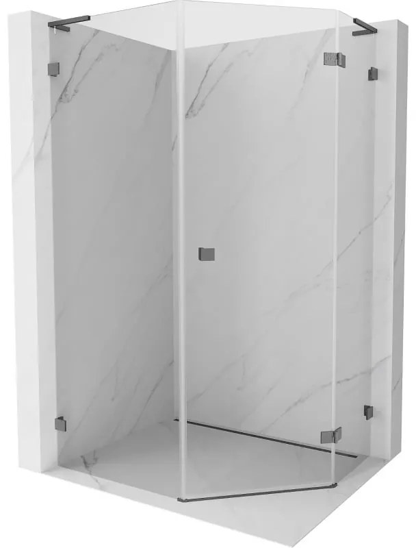 Mexen Lunar, L pravý výklopný päťuholníkový sprchový kút 80x90 cm, 8mm číre sklo, profil grafit brúsený, 831L-080P-090L-66-00-P