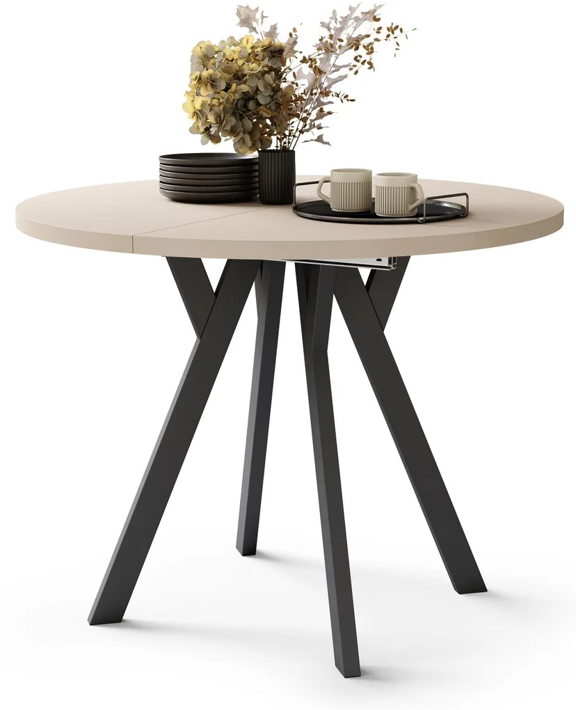 ALMO 100 Béžový/čierne nohy - OKRÚHLY LOFTOVÝ/INDUSTRIÁLNY ROZKLADACÍ STÔL DO OBÝVAČKY/JEDÁLNE