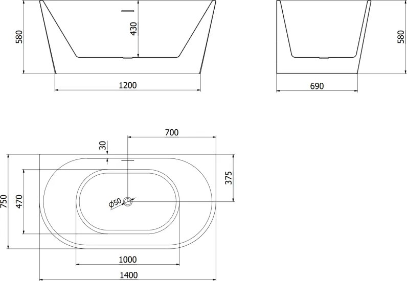 Mexen Oval, voľne stojaca nástenná vaňa 140 x 75 cm, biela-čierna, ružové zlato prepad, 52671407575-60